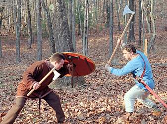 Viking axe hidden behind a shield