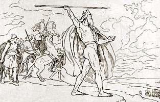 Odin throws a spear over the heads of his enemies